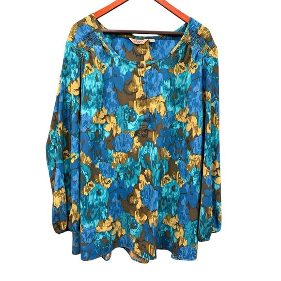 Liz Claiborne 3X Plus Long Sleeve Blue Floral Blouse Flattering Roomy Work - Picture 1 of 6